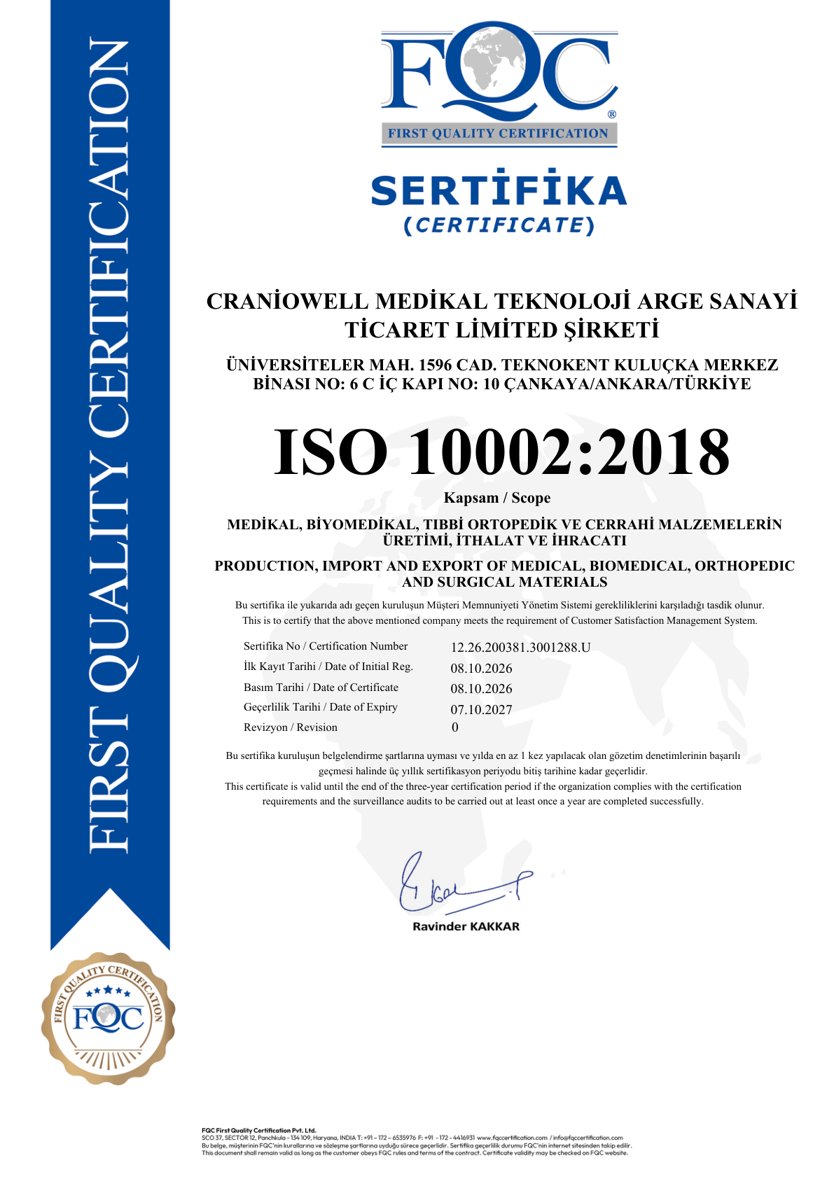 ISO 10002:2018 sertifikası