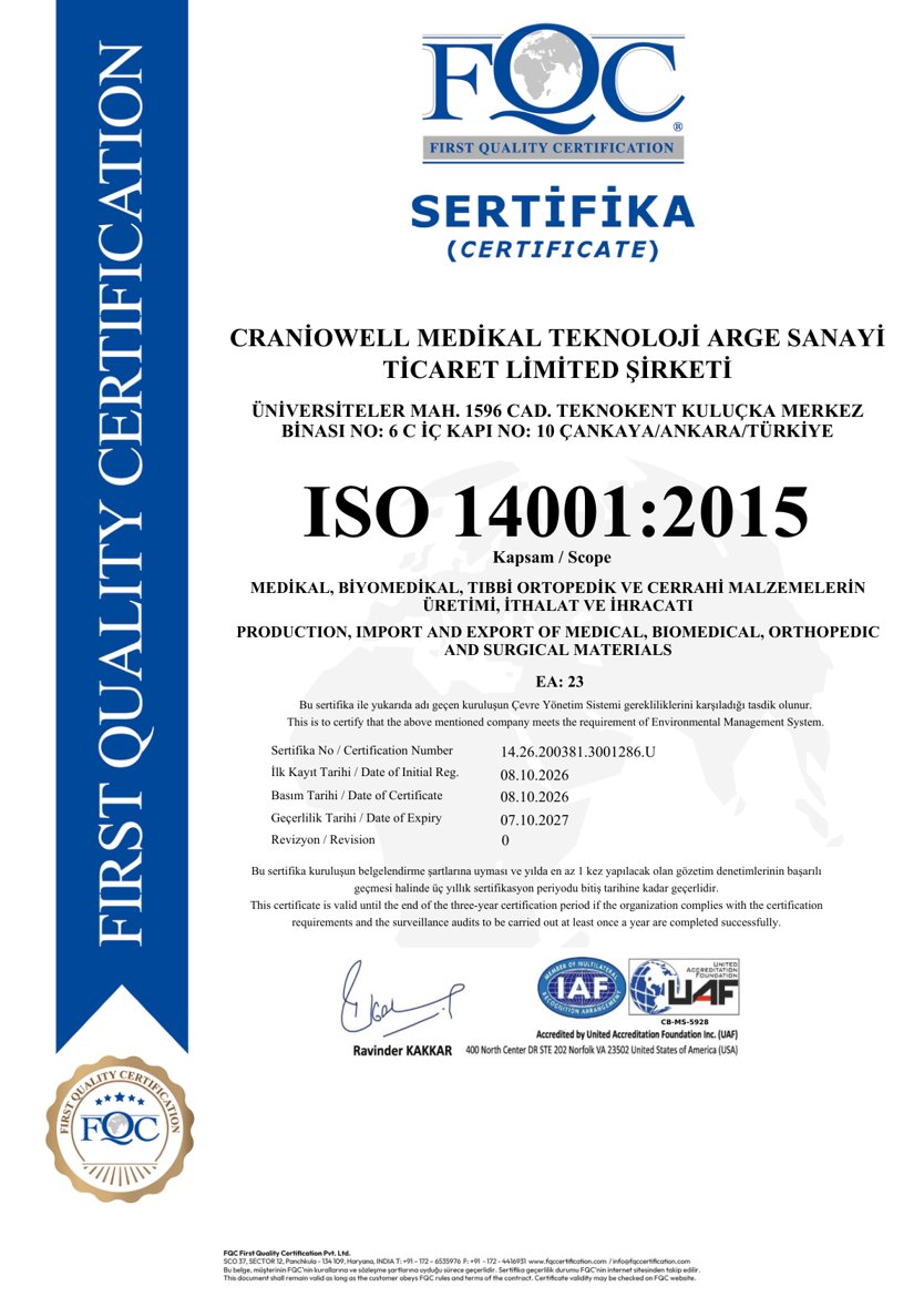 ISO 14001:2015 sertifikası