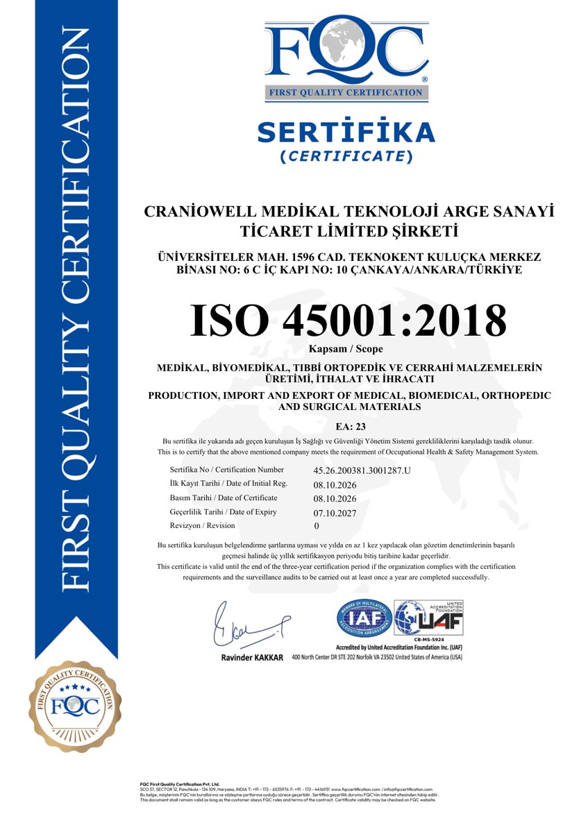 ISO 45001:2018 sertifikası